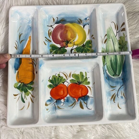 Serving Ceramic Plate , 4 Sections, Vegetable Decor, 11 X 11 - Picture 1 of 8